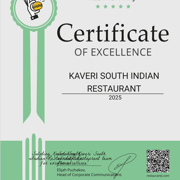 A Certificate of Excellence for Kaveri South Indian Restaurant, dated 2025, with a QR code.